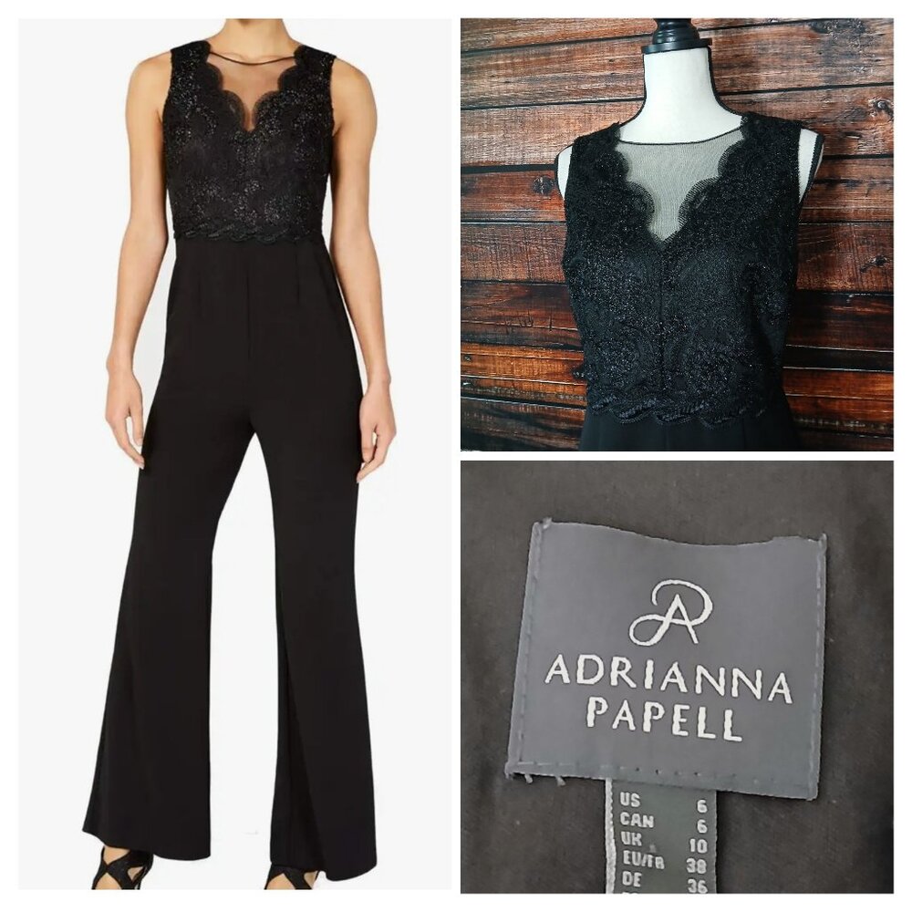 Adrianna Papell Jumpsuit Size 6 Black Lace Mesh Bodice Wide Leg Zip Back Stretch